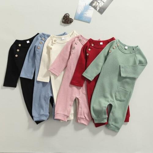 2021 0-24M Infant Baby Boy Girl Jumpsuit Button Solid Color Pockets Round Neck Knitted Long Sleeve Romper Spring Fall Outfit