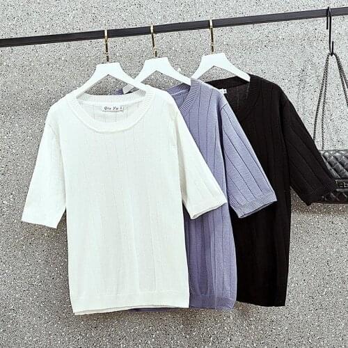 L-3XL Large size women kint Summer chic sweater t-shirt 2021 short sleeve o neck solid Oversized kint pullovers female tops