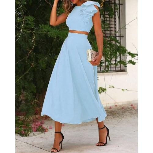 2021 Summer Casual Ruffles Sleeveless Backless Corset Crop Tank Top & A Line Maxi Skirt Set Womens Two Piece Dress Holiday Wear