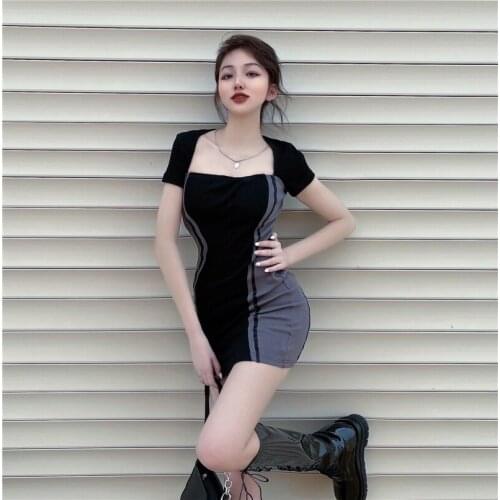 WOMENGAGA Summer Short Sleeve Package Hip Dress Korean Slim Constrast Striped Square Collar Mini Dresses Women RVEB