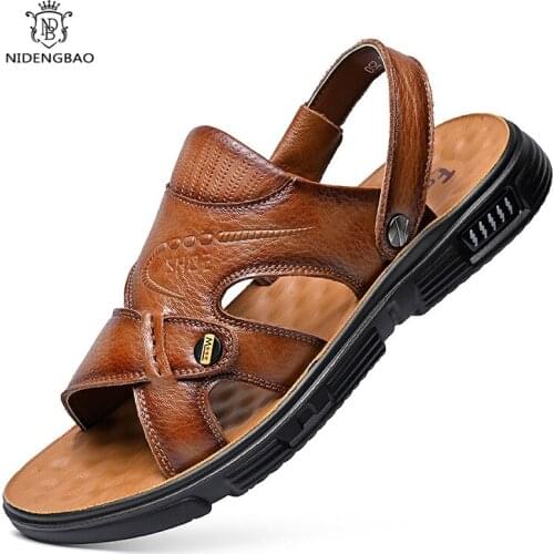 Men Leather Sandals New Waterproof Non-Slip Sandals Cow Leather Mens Soft Bottom Wear-Resistant Slippers Breathable Sandals