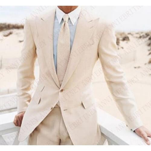 ANNIEBRITNEY Beige Linen Wedding Suits For Men Casual Groom Tuxedos Summer Beach Groomsman Prom Party Suit Costume Custom Suits