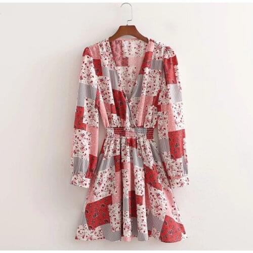 New Pop Women Dress Paisley Printed V-neck Long Sleeves Slim Elastic waist Short Woman Dresses vestidos femme robe