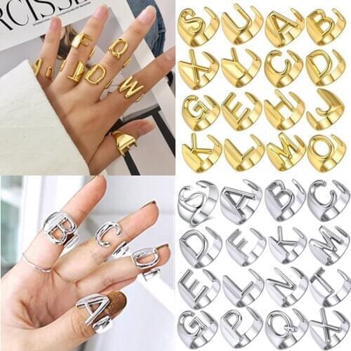 Punk Hollow A-Z Letter Gold Color Metal Adjustable Opening Ring Initials Name Alphabet Female Party Chunky Wide Trendy Jewelry