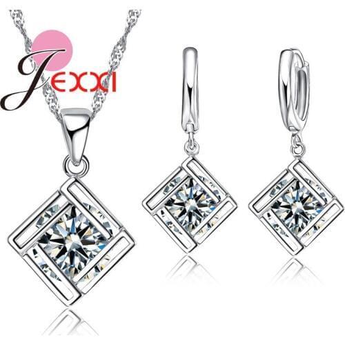 Hollow Rhombus Design 925 Sterling Silver Women/Girl Necklace/Earrings/Pendant Jewelry Set With Shiny CZ Crystal Hot Sale
