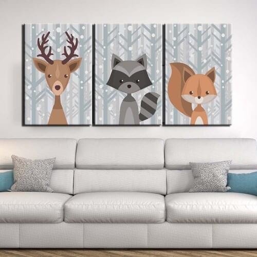 3 Piece Kids Canvas Print Nordic Animal Canvas Painting for Living Room Cartoon Deer Cat Squirrel Posters and Prints Home Decor