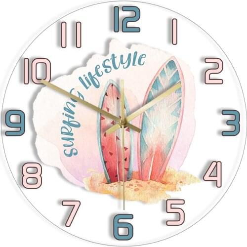 Surfing Lifestyle Retro Surfboard Print Wall Clock Watercolor Surf Summer Beach Quiet Quartz Wall Clock Coastal Surfers Artwork