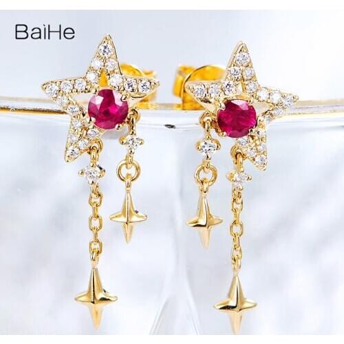 BAIHE Solid 18K Yellow Gold 0.20ct Natural Ruby серьги 0.14ct H/SI Natural Diamonds Wedding Fine Jewelry star earring for Women