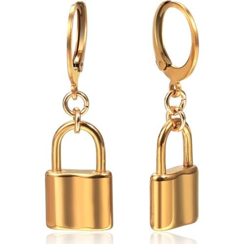 Gold Color Padlock Charm Hoop Earrings For Women Girls Stainless Steel Lock Charm Drop Earrings Chic Jewelry Gifts DDE62