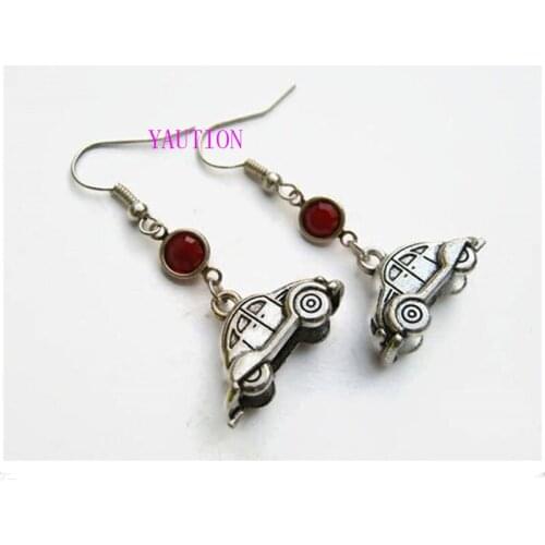 Hippie Car Birthstone Earrings, Antiqued Silver Bug Earrings, Personalized Driving Gift, Transportation Vehicle Earrings