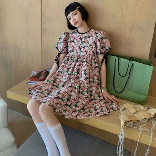 Hstar Chic Casual Puff Sleeve Beach Dress Summer 2021 Vintage Floral Dress Women Elegant Kawaii Chiffon Korean Sweet Dress