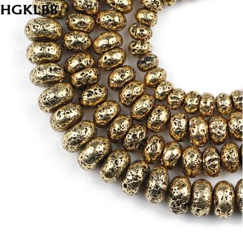 HGKLBB Antique Gold Natural Lava Stone volcanics Flat Round Loose beads for Jewelry making 6/8/10MM bracelets Accessories diy