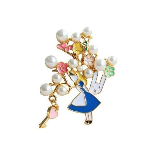 Alice Wonderland Lapel Pins Brooch For Women Cute Pearl Girl Rabbit Enamel Pin Badges Color Fairy Tale Jewelry Accessories