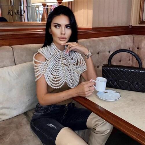 Brand 2021 New Chic Womens Pearl Versatile Hollow Out Shawl Runway Designer Luxury Elegant Temperament Beading Chain Clothing