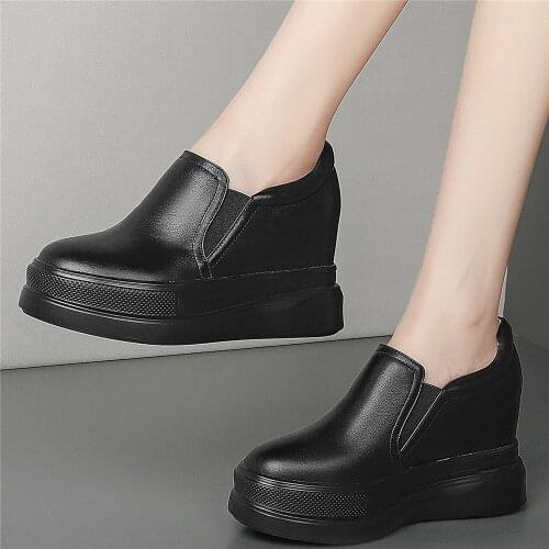 9cm High Heel Platform Oxfords Women Slip On Genuine Leather Wedges Ankle Boots Female Round Toe Fashion Sneakers Casual Shoes