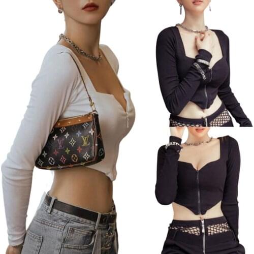 Women Fashion Long Sleeve Zipper Tops Stylish Solid Color Crop Top for Ladies Female