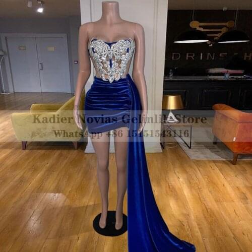 Womens Sexy Royal Blue Short Prom Dresses 2021 for Black Grils Velvet Beaded Party Cocktail Dress With Long Train