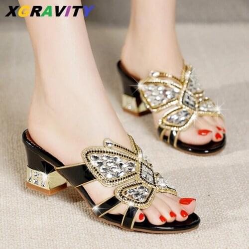 XGRAVITY New Design Summer Shoes Butterfly Crystal High Heels Sexy Ladies Fashion Party Shoes Open Toe Slip On Slides Women D040