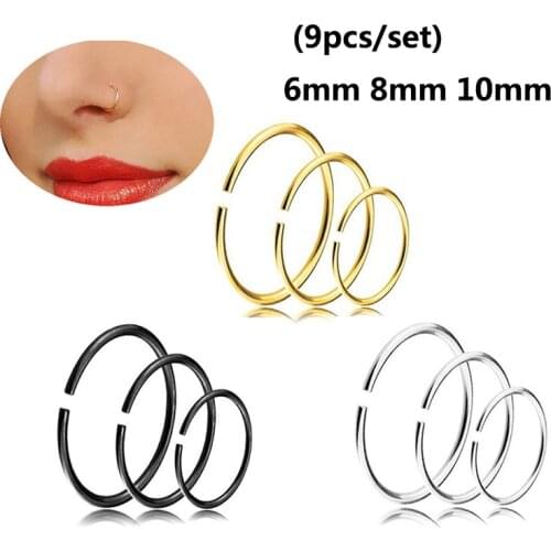 9Pcs Stainless Steel Body Jewelry Seamless Segment Rings Nose Hoops Ear Piercing Tragus Nose Rings Ear Cartiliage Tragus Sexy