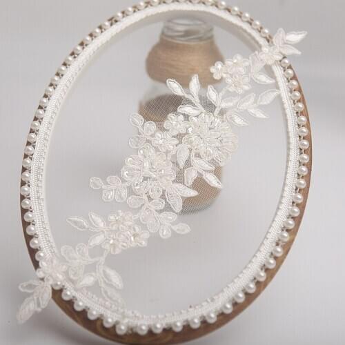 Ivory Alencon Lace Applique Beaded Sequined Patch For Wedding Supplies Bridal Hair Flower Headpiece