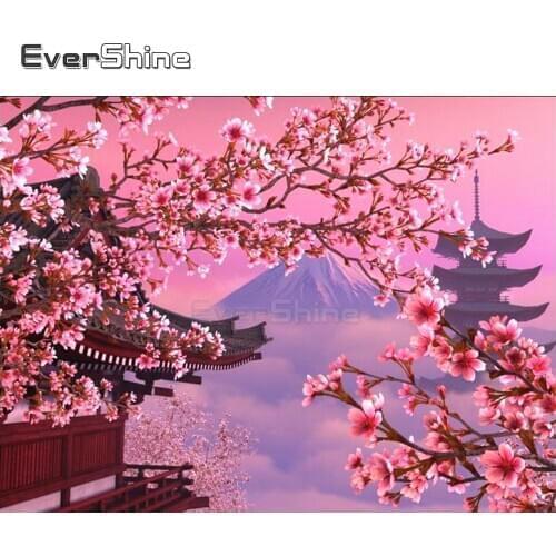 EverShine Diamond Embroidery Landscape Picture Of Rhinestones Full Square Japanese Diamond Painting Cherry Blossoms Home Decor