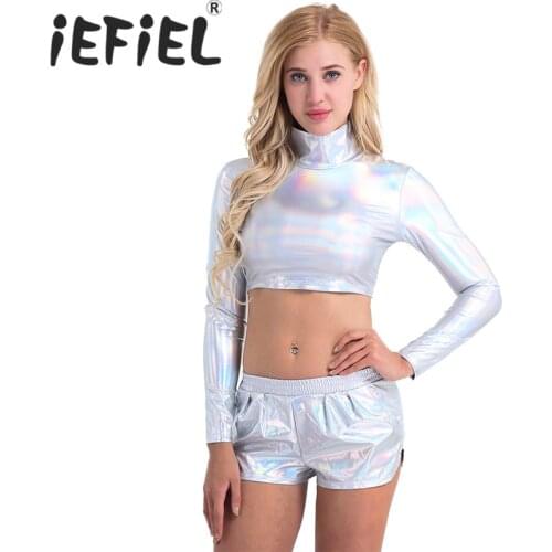 IEFiEL Women Glitter Sequins T Shirt Women Shiny Patent Leather Long Sleeve Mock Neck Turtleneck Crop Top for Party Daily Wear