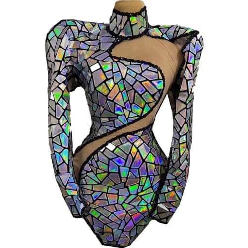 Shining Silver Sequins Birthday Party Dress Women Sexy Mesh Perspective Hollow Out Nightclub Bodycon Dress Dancer Stage Costumes