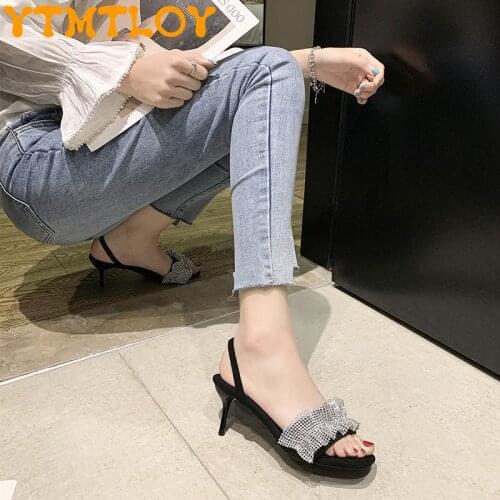 Star Same Style Rhinestone Square Toe Two-wear Sandals Fairy High Heels Elastic Band Open Toe Stiletto Sandals And Slippers