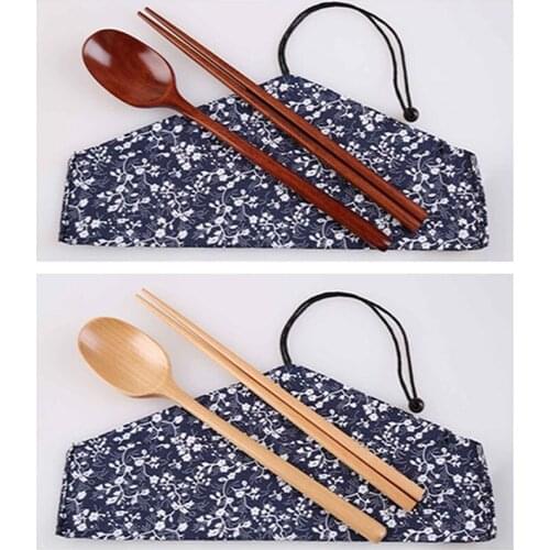 Wooden Chopsticks Spoon Simple Set Japanese Chopsticks Spoon Combination Convenient Outdoor Travel Gift Tableware With Cloth Bag