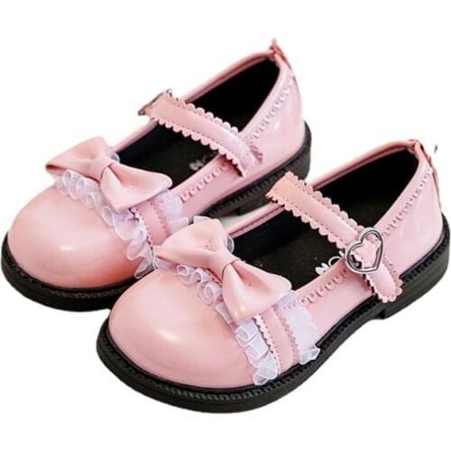 Girls Leather Shoes Cute Bow Little Girl Shoes Autumn Flat Heels Kids Princess Shoes Lace Flower Size 27-37 STQ050