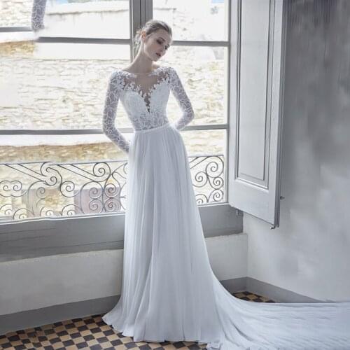 Hot Sell Charming Chiffon V-Neck Satin Wedding Gowns Sexy Applique Lace Long Sleeve Backless Wedding Gowns with Sweep Train