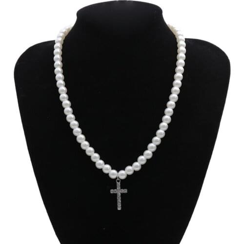 Christian Pearls Chain Rhinestone Cross Pendant Necklace 2021 Trend New Arrival Pearl Beads Necklaces for Women Men Girls Teens
