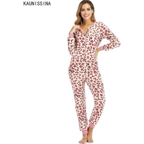 Winter Pajamas Women Onesies Leopard Print Flannel Jumpsuits Sleepwear Autumn Overall Plus Size Pajama Onesie For Women Adults