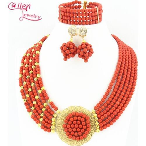 Red Luxury African Nigerian wedding bridal beads beaded necklace jewelry sets india dubai women jewelry sets W3221