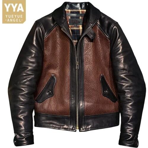High Quality Mens Genuine Leather Jacket Vintage Cowboy Cowhide Coat Long Sleeve Splicing Mixed Colors Motorcycle Bikers Jackets