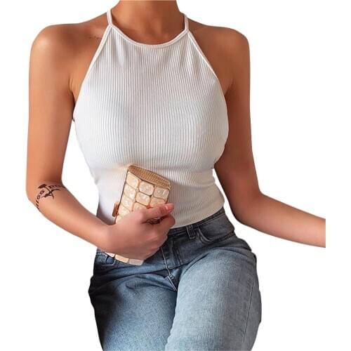Summer Women Sexy slim backless cross-neck strappy vest Crop Tank Tops Fashion Sexy Solid Halter Knitted Vest Beachwear Clubwear