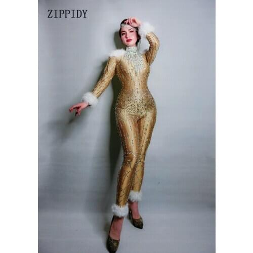 Fashion Long Sleeves Rhinestones Gold Stretch Jumpsuit Women Jazz Dance Feather Bodysuit Outfit Evening Show One-piece Wear