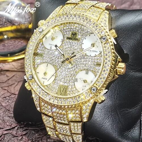 Hip Hop MISSFOX Iced Out Men Watches Multiple Time Zone Stainless Steel Diamond Brand Watch Multifunction Luxury Quartz Clocks