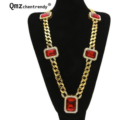 Exaggerated Cuban Chain With Big Red CZ Stone Crystals Chin Necklace Hip Hop Bling Iced Out Red Rhinestone Necklace For Men Wome