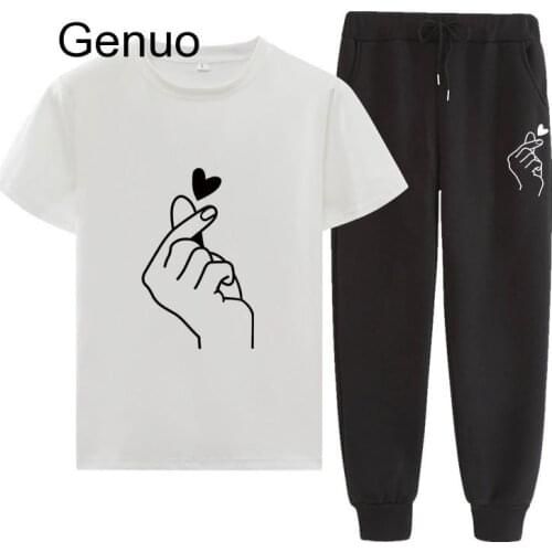 Casual Women Two Piece Set T-shirt Graphic Love Hand Funny Summer Tops And Harem Pants Suit Streetwear Womens Sets