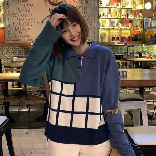 Vintage Womens Sweater Korean Casual Polo Collar Hit Color Long Sleeve Pullover Jumper Oversized Knitwear Winter Clothes New