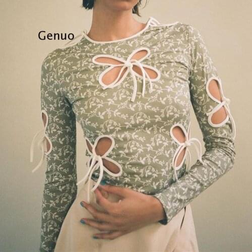 Vintage Butterfly Hollow Out Bandage Long Sleeve T-shirts Streetwear 90s Print O-neck Green Tops Y2K Fashion Outfits