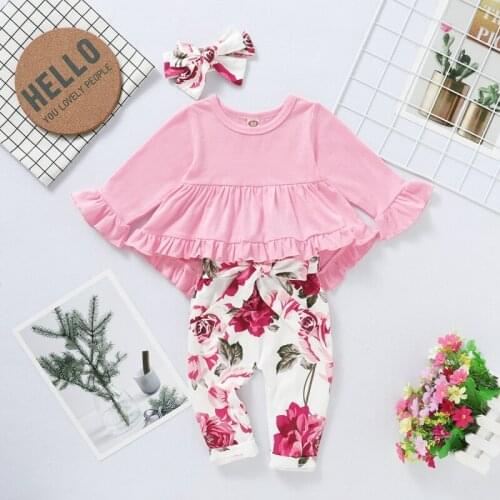 Girls Spring Suits Explosive Ruffled Multicolor Tops Flower Print Pants Hairband Three-piece Set Grls Floral Trousers Suits