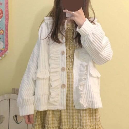 Autumn Jacket Women White Ruffles College Style Sweet Soft Girl Lovely Lace Pocket Lantern Sleeve Cardigan Coat Loose Outwear