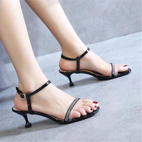 Women sandals Flock Sequined Cloth Buckle Strap 5CM Thin Heels High heels Square Toe Bling Shallow sandal women shoes size 35-42