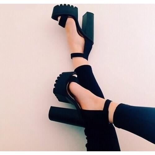 Sexy Black Chunky Heels Sandals Ankle Strap High Platform Women Square Shoes Cut-out Gladiator Party Heels Dress Shoes Drop Ship