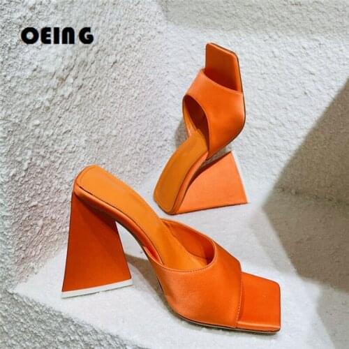 2021 Summer Slippers Women Strange Style Square Toe Thick High Heel Mules Shoes Real Leather Slip on Sandals Slides for Women