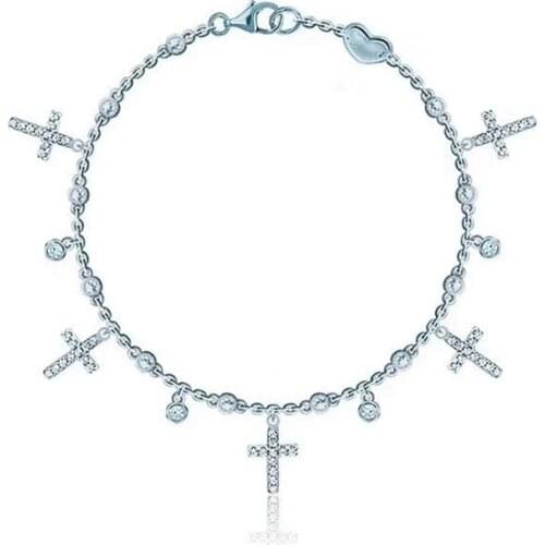 Tassel Cross Pendant Chain Bracelet 925 Sterling Silver Micro AAA Zircon Stone Charm Bracelet Women Wedding Party Gift Jewelry