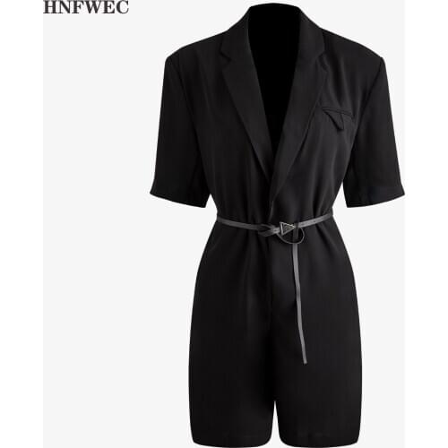 2020 new summer and autumn fashion women clothes turn-down collar short sleeves waist black suit jumpsuit K308