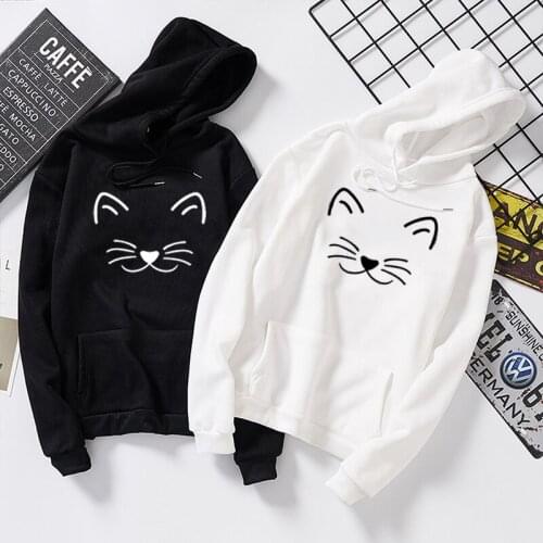 Autumn Winter Hoodies Sweatshirts Women Long Sleeve Short Hooded Sweatshirt Cat Kitty Print Pullovers Blouse Female Tops